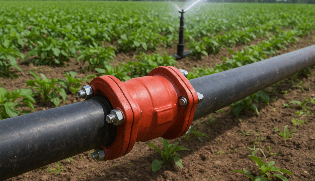 Sprinkler pipe coupling installed in agricultural field.