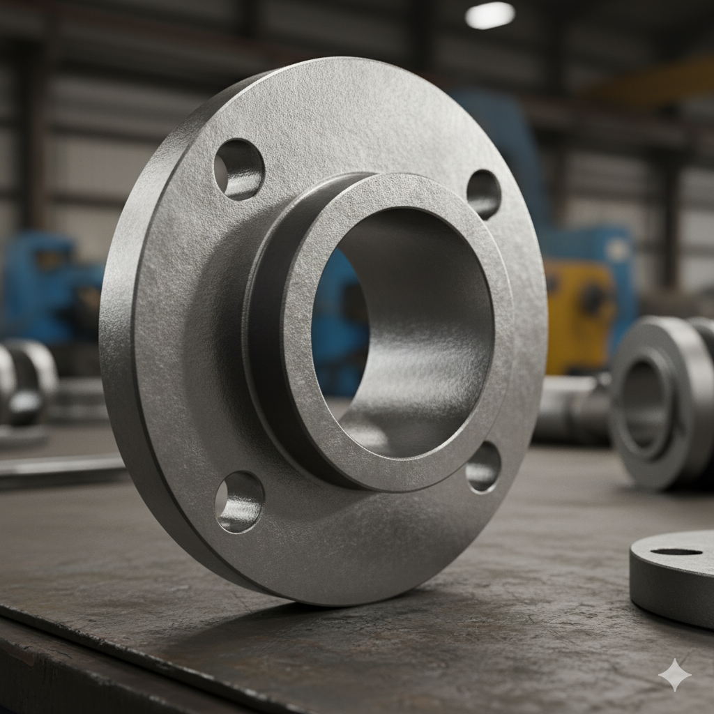 Close-up of carbon steel socket weld flange with detailed welding socket in industrial setting.