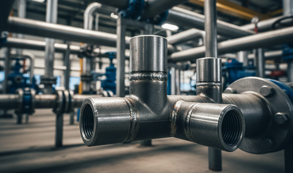 Close-up of carbon steel socket weld fittings in an industrial piping system