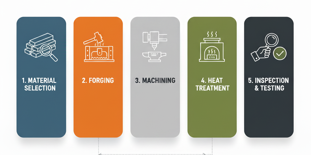 Flowchart illustrating the forging process from heating to inspection.