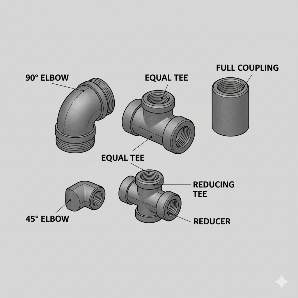 Diagram showing different types of forged pipe fittings with labels
