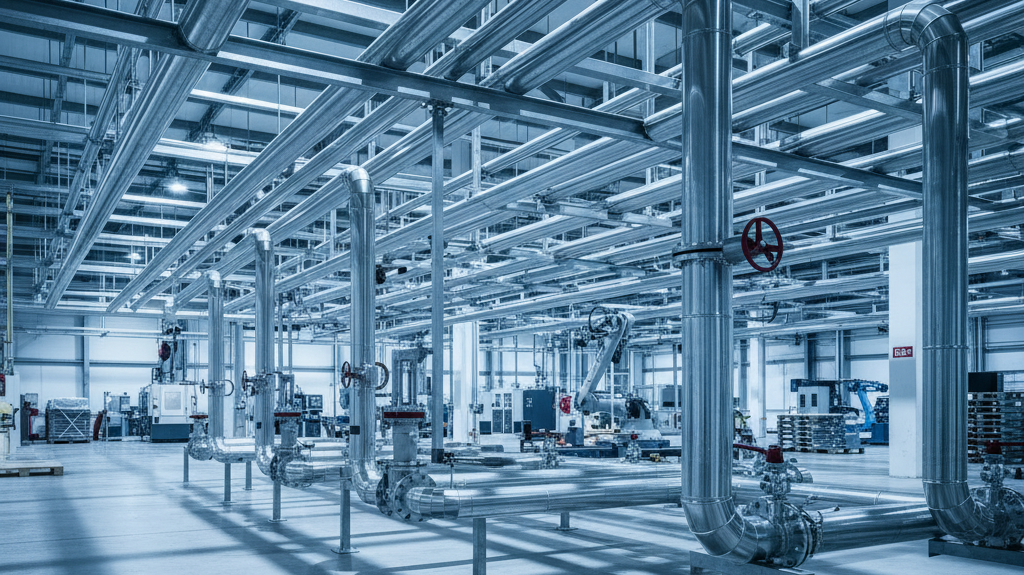 Industrial piping system installed in a factory