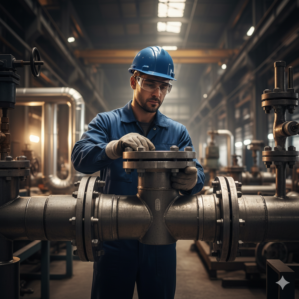 Technician installing a T-shaped pipe fitting on an industrial pipeline