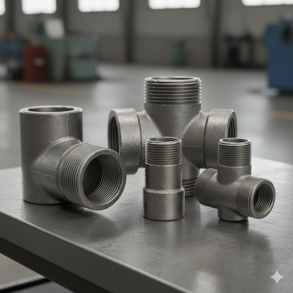Close-up of industrial carbon steel threaded fittings on a clean background.