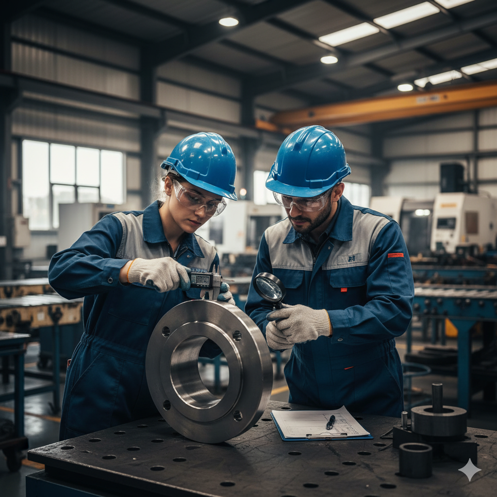 Engineers inspecting steel flanges at a modern industrial factory.