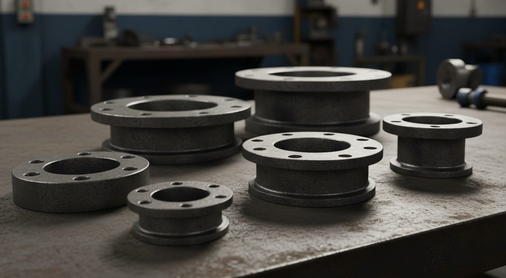 Close-up of forged steel flanges on a workshop table with metallic texture.”