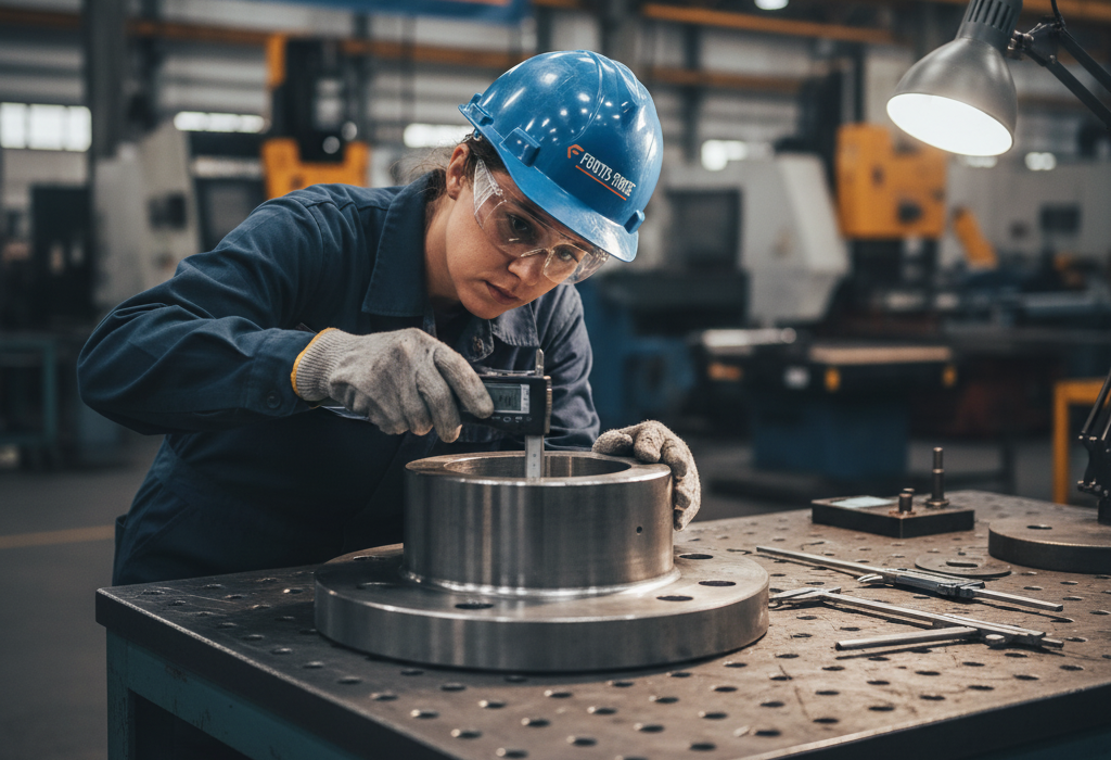 Engineer inspecting a forged flange in an industrial factory setting.