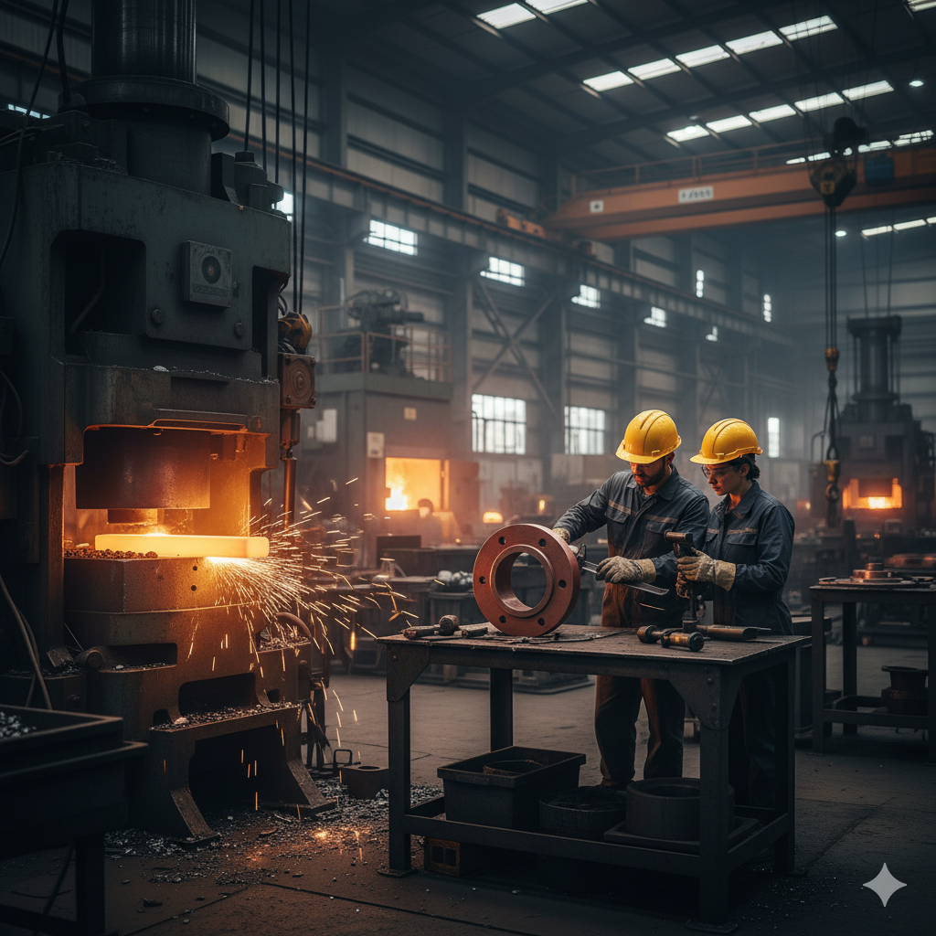 Workers and machinery in a factory producing carbon steel slip-on flanges
