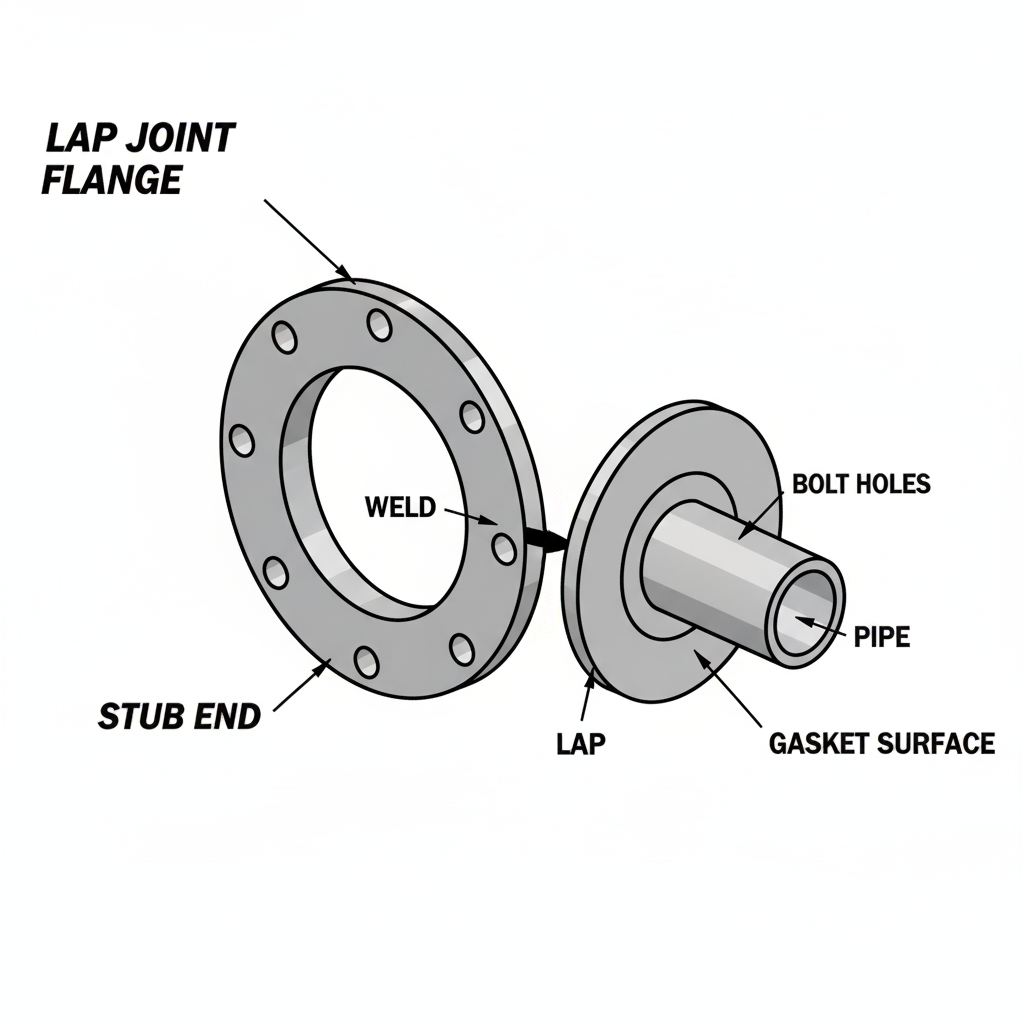 Detailed diagram of a lap joint flange with labeled stub end and parts