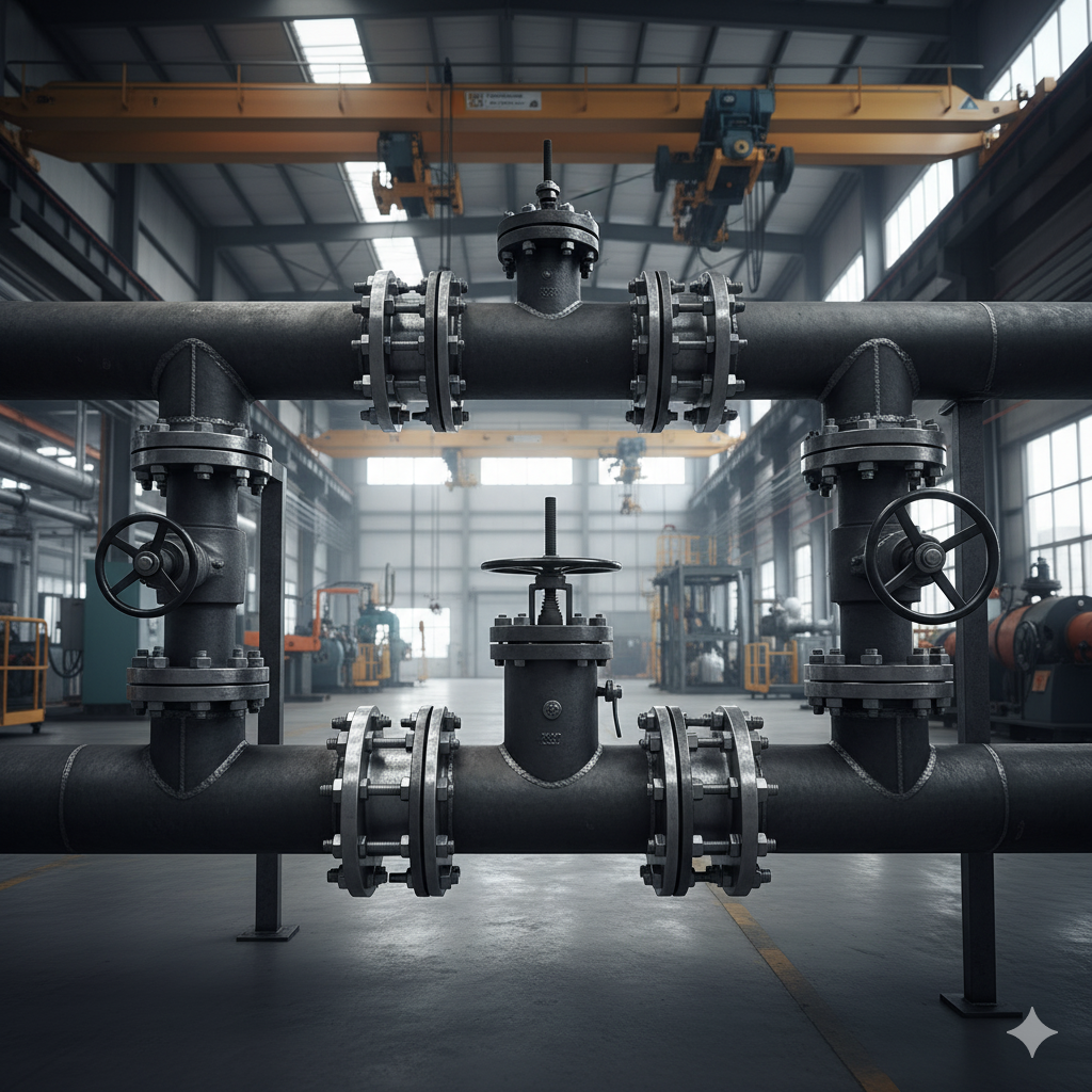 Industrial pipeline featuring carbon steel flanges and valves in a factory.