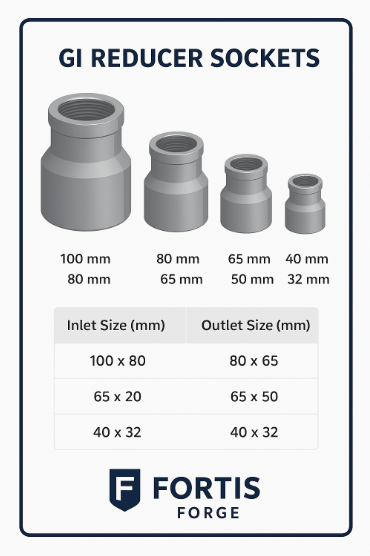 Infographic of GI sockets reducer in different sizes – Fortis Forge branding]