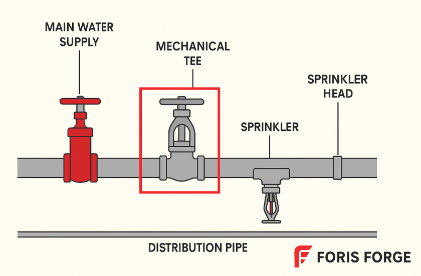 Diagram of sprinkler system highlighting Foris Forge Mechanical Tee