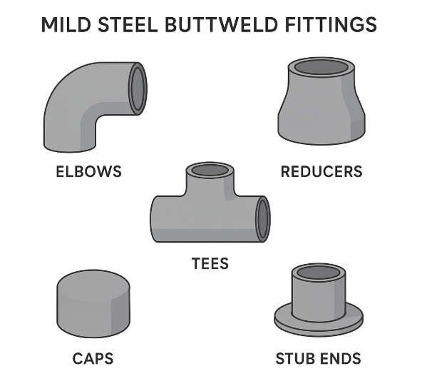 Visual diagram of different mild steel buttweld fittings