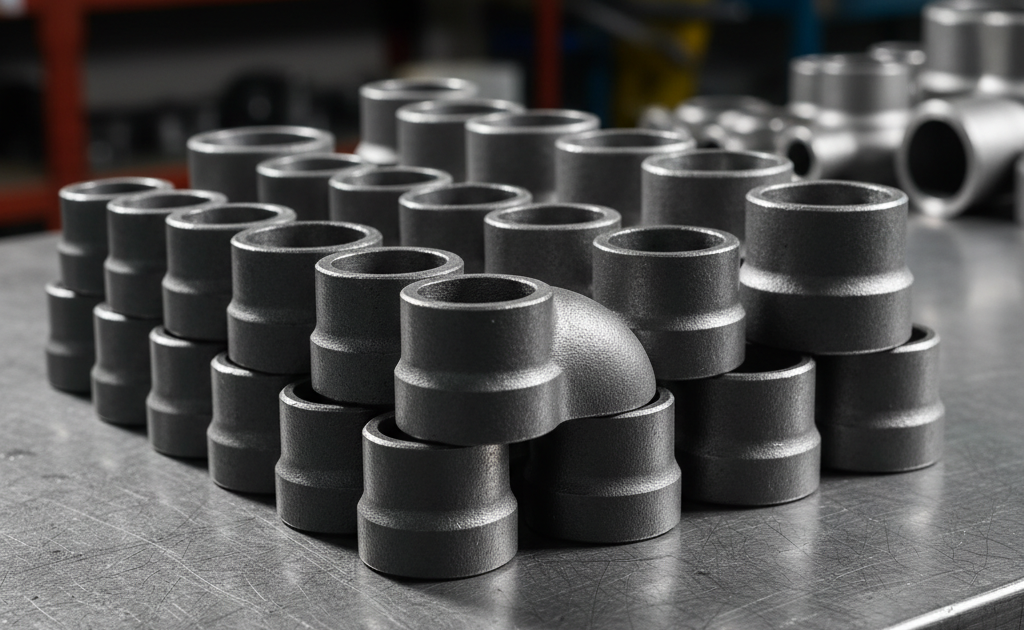 Neatly arranged metal pipe fittings with detailed metallic texture