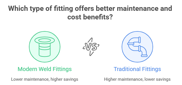 Bar chart comparing maintenance frequency and cost savings with WPL6 fittings versus traditional fittings.