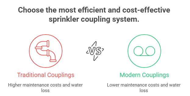 Chart comparing maintenance cost and water loss for traditional vs modern sprinkler couplings.